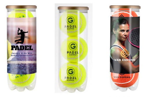 An original photograph of the actual supplied balls and canister, showing approved Identity Merchandise branding. Alt text: “Branded padel balls in a custom printed canister for a corporate event.”